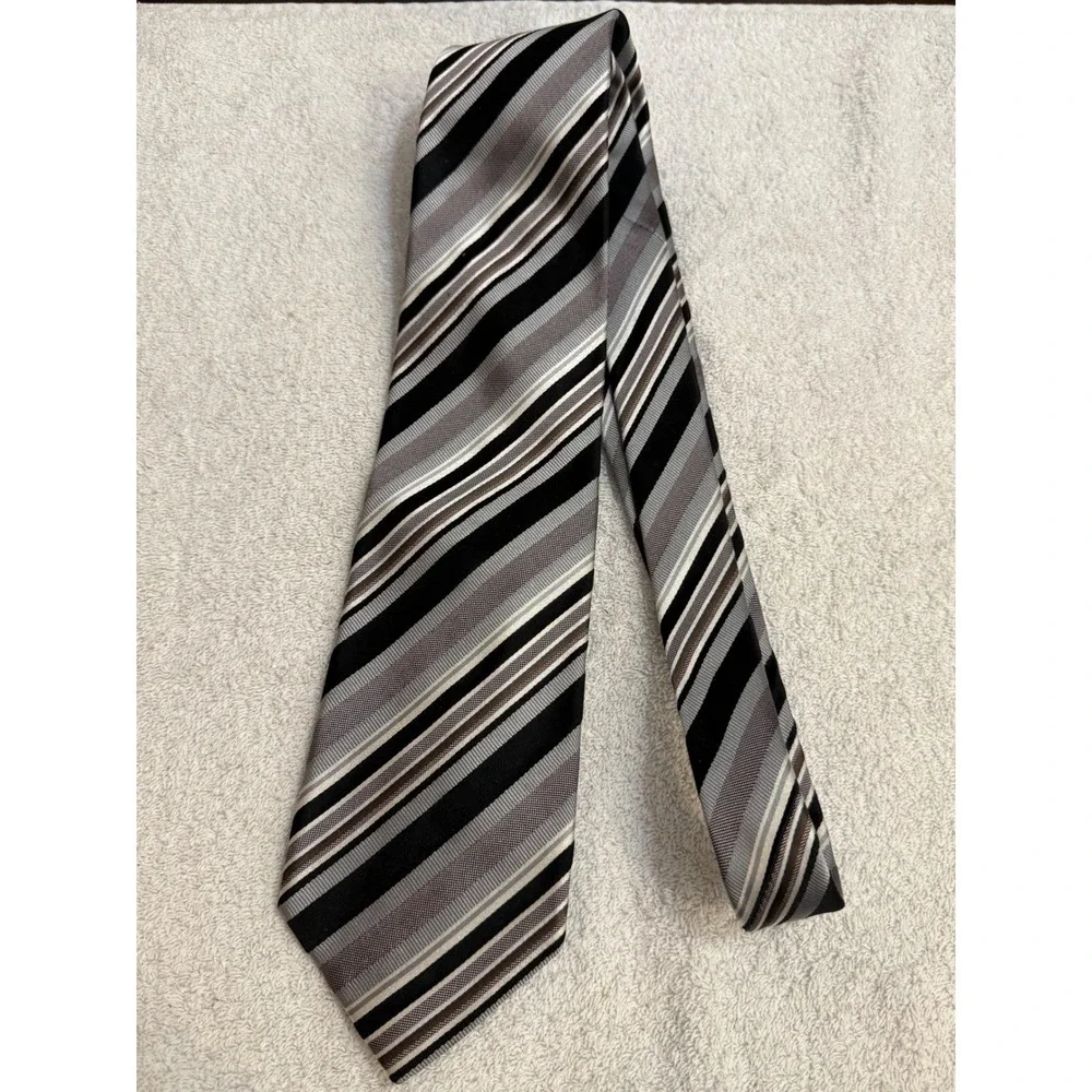 Massimo Bizzocchi Mens Silk Tie Black Grey White Striped Made in Italy Necktie